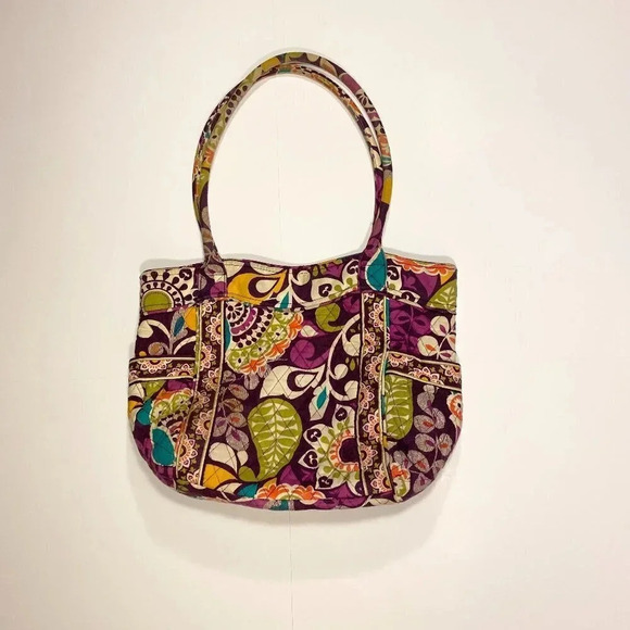 Vera Bradley Medium Tote Bag in Retired Plum Crazy Pattern with Side Pockets - Picture 2 of 7